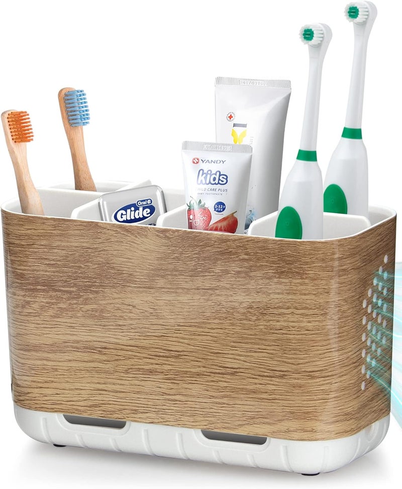 Boperzi Toothbrush and Toothpaste Holder Wood Grain for Bathroom Countertop with Adjustable Dividers, Toothpaste Caddy Organizer Storage Rustic Decor Set Freestanding Anti-Slip for Shower,Family,Kids - Image 1
